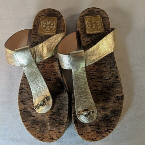 Tory Burch Gold Leather Sandals Cork Metallic Metal Thong 8.5 - Picture 1 of 16
